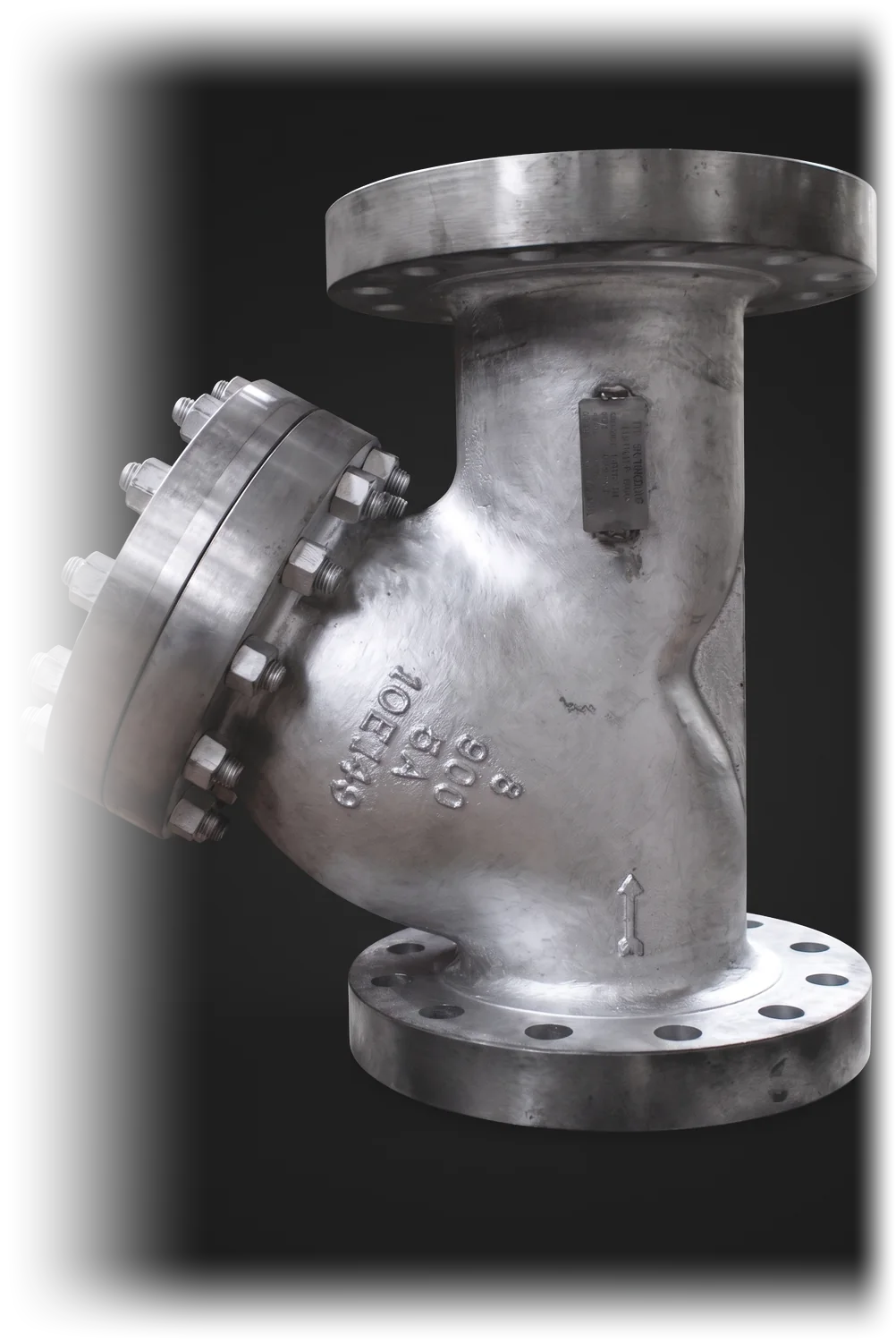 Hydrotherms cast stainless steel flanged Y strainer, Class 900, showing the bolted screen cover and cast body markings